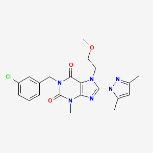 molecular formula C21H23ClN6O3 B2954697 1-(3-chlorobenzyl)-8-(3,5-dimethyl-1H-pyrazol-1-yl)-7-(2-methoxyethyl)-3-methyl-1H-purine-2,6(3H,7H)-dione CAS No. 1014032-13-3