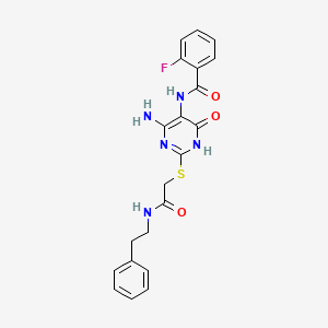 molecular formula C21H20FN5O3S B2955030 N-(4-amino-6-oxo-2-((2-oxo-2-(phenethylamino)ethyl)thio)-1,6-dihydropyrimidin-5-yl)-2-fluorobenzamide CAS No. 872597-28-9
