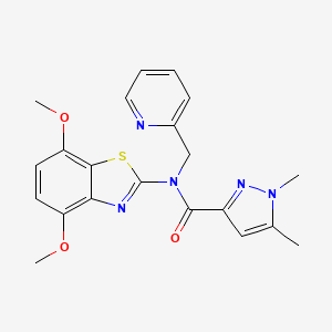 molecular formula C21H21N5O3S B2955243 N-(4,7-dimethoxy-1,3-benzothiazol-2-yl)-1,5-dimethyl-N-[(pyridin-2-yl)methyl]-1H-pyrazole-3-carboxamide CAS No. 1014090-33-5