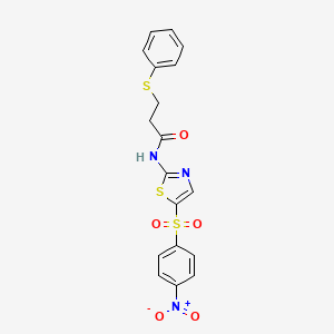 molecular formula C18H15N3O5S3 B2955565 N-(5-((4-nitrophenyl)sulfonyl)thiazol-2-yl)-3-(phenylthio)propanamide CAS No. 361167-20-6