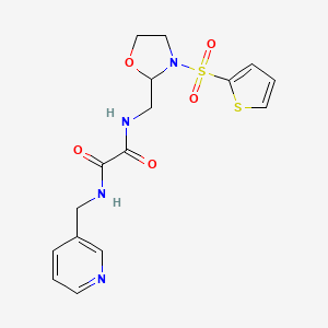 molecular formula C16H18N4O5S2 B2955596 N1-(pyridin-3-ylmethyl)-N2-((3-(thiophen-2-ylsulfonyl)oxazolidin-2-yl)methyl)oxalamide CAS No. 874804-82-7
