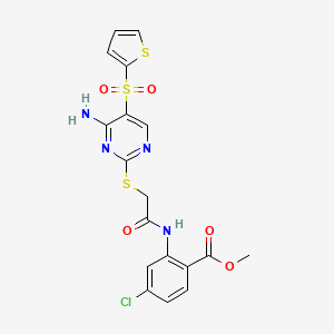 molecular formula C18H15ClN4O5S3 B2955602 Methyl 2-(2-{[4-amino-5-(thiophene-2-sulfonyl)pyrimidin-2-yl]sulfanyl}acetamido)-4-chlorobenzoate CAS No. 1242902-48-2