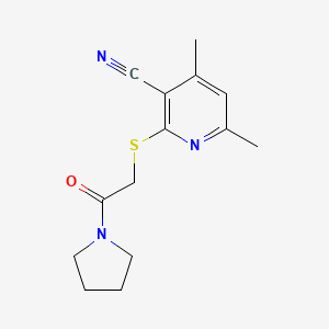 molecular formula C14H17N3OS B2955641 4,6-Dimethyl-2-((2-oxo-2-(pyrrolidin-1-yl)ethyl)thio)nicotinonitrile CAS No. 379239-73-3
