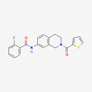 molecular formula C21H17FN2O2S B2955798 2-fluoro-N-(2-(thiophene-2-carbonyl)-1,2,3,4-tetrahydroisoquinolin-7-yl)benzamide CAS No. 955640-92-3