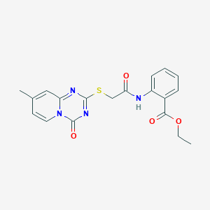 molecular formula C19H18N4O4S B2955950 ethyl 2-(2-((8-methyl-4-oxo-4H-pyrido[1,2-a][1,3,5]triazin-2-yl)thio)acetamido)benzoate CAS No. 896330-87-3