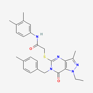 molecular formula C26H29N5O2S B2956052 N-(3,4-dimethylphenyl)-2-({1-ethyl-3-methyl-6-[(4-methylphenyl)methyl]-7-oxo-1H,6H,7H-pyrazolo[4,3-d]pyrimidin-5-yl}sulfanyl)acetamide CAS No. 1358233-73-4
