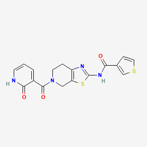 molecular formula C17H14N4O3S2 B2956139 N-(5-(2-oxo-1,2-dihydropyridine-3-carbonyl)-4,5,6,7-tetrahydrothiazolo[5,4-c]pyridin-2-yl)thiophene-3-carboxamide CAS No. 1448072-61-4