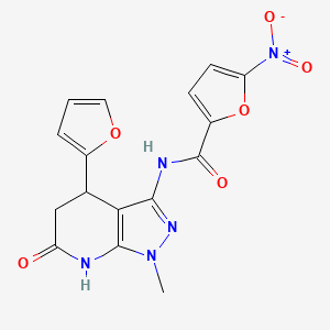 molecular formula C16H13N5O6 B2956151 N-(4-(furan-2-yl)-1-methyl-6-oxo-4,5,6,7-tetrahydro-1H-pyrazolo[3,4-b]pyridin-3-yl)-5-nitrofuran-2-carboxamide CAS No. 1170842-92-8