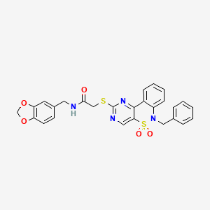 molecular formula C27H22N4O5S2 B2956220 N-[(2H-1,3-benzodioxol-5-yl)methyl]-2-({9-benzyl-8,8-dioxo-8lambda6-thia-3,5,9-triazatricyclo[8.4.0.0^{2,7}]tetradeca-1(14),2(7),3,5,10,12-hexaen-4-yl}sulfanyl)acetamide CAS No. 932529-02-7