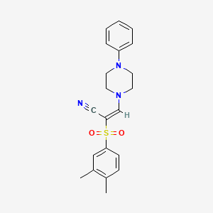 molecular formula C21H23N3O2S B2956278 (E)-2-((3,4-dimethylphenyl)sulfonyl)-3-(4-phenylpiperazin-1-yl)acrylonitrile CAS No. 885185-72-8