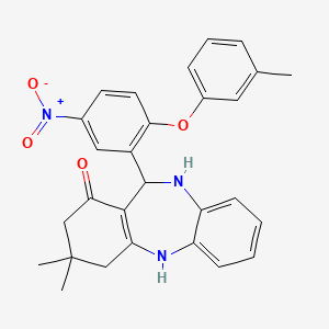 molecular formula C28H27N3O4 B2956339 9,9-二甲基-6-[2-(3-甲基苯氧基)-5-硝基苯基]-6,8,10,11-四氢-5H-苯并[b][1,4]苯并二氮杂卓-7-酮 CAS No. 1024154-43-5