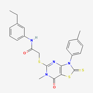 molecular formula C23H22N4O2S3 B2956373 N-(3-ethylphenyl)-2-{[6-methyl-3-(4-methylphenyl)-7-oxo-2-sulfanylidene-2H,3H,6H,7H-[1,3]thiazolo[4,5-d]pyrimidin-5-yl]sulfanyl}acetamide CAS No. 933233-40-0