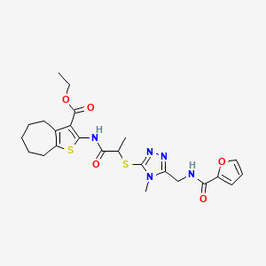 molecular formula C24H29N5O5S2 B2956659 ethyl 2-{2-[(5-{[(furan-2-yl)formamido]methyl}-4-methyl-4H-1,2,4-triazol-3-yl)sulfanyl]propanamido}-4H,5H,6H,7H,8H-cyclohepta[b]thiophene-3-carboxylate CAS No. 393817-09-9