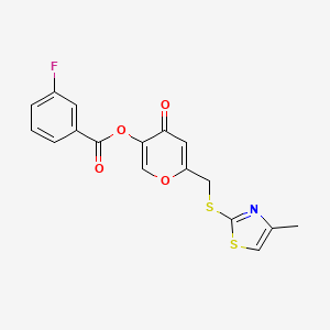 molecular formula C17H12FNO4S2 B2956817 6-(((4-methylthiazol-2-yl)thio)methyl)-4-oxo-4H-pyran-3-yl 3-fluorobenzoate CAS No. 896303-61-0