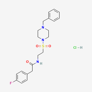 molecular formula C21H27ClFN3O3S B2957129 N-(2-((4-benzylpiperazin-1-yl)sulfonyl)ethyl)-2-(4-fluorophenyl)acetamide hydrochloride CAS No. 1185026-82-7