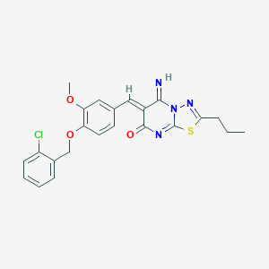 molecular formula C23H21ClN4O3S B295745 (6Z)-6-({4-[(2-CHLOROPHENYL)METHOXY]-3-METHOXYPHENYL}METHYLIDENE)-5-IMINO-2-PROPYL-5H,6H,7H-[1,3,4]THIADIAZOLO[3,2-A]PYRIMIDIN-7-ONE 