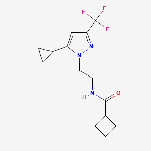 molecular formula C14H18F3N3O B2957509 N-(2-(5-cyclopropyl-3-(trifluoromethyl)-1H-pyrazol-1-yl)ethyl)cyclobutanecarboxamide CAS No. 1797085-31-4