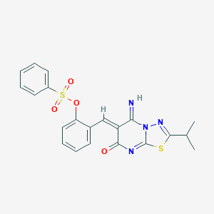 molecular formula C21H18N4O4S2 B295755 2-[(5-imino-2-isopropyl-7-oxo-5H-[1,3,4]thiadiazolo[3,2-a]pyrimidin-6(7H)-ylidene)methyl]phenyl benzenesulfonate 