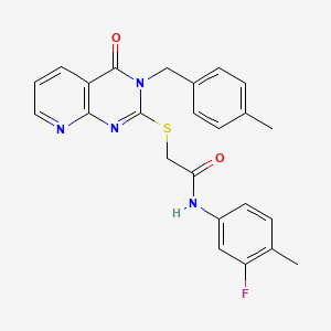 molecular formula C24H21FN4O2S B2957572 N-(3-fluoro-4-methylphenyl)-2-({3-[(4-methylphenyl)methyl]-4-oxo-3H,4H-pyrido[2,3-d]pyrimidin-2-yl}sulfanyl)acetamide CAS No. 902911-34-6