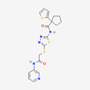 molecular formula C19H19N5O2S3 B2957632 N-(5-((2-oxo-2-(pyridin-3-ylamino)ethyl)thio)-1,3,4-thiadiazol-2-yl)-1-(thiophen-2-yl)cyclopentanecarboxamide CAS No. 1219901-67-3