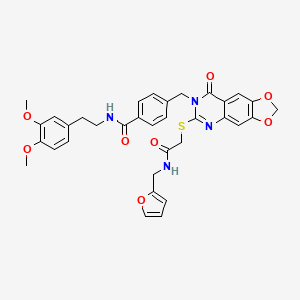 molecular formula C34H32N4O8S B2957694 N-[2-(3,4-dimethoxyphenyl)ethyl]-4-({6-[({[(furan-2-yl)methyl]carbamoyl}methyl)sulfanyl]-8-oxo-2H,7H,8H-[1,3]dioxolo[4,5-g]quinazolin-7-yl}methyl)benzamide CAS No. 688062-37-5