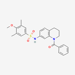 molecular formula C25H26N2O4S B2957763 N-(1-benzoyl-1,2,3,4-tetrahydroquinolin-7-yl)-4-methoxy-3,5-dimethylbenzene-1-sulfonamide CAS No. 946221-31-4