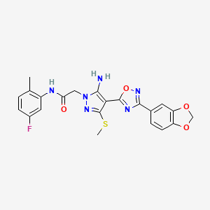 molecular formula C22H19FN6O4S B2957897 2-(5-amino-4-(3-(benzo[d][1,3]dioxol-5-yl)-1,2,4-oxadiazol-5-yl)-3-(methylthio)-1H-pyrazol-1-yl)-N-(5-fluoro-2-methylphenyl)acetamide CAS No. 1019098-64-6