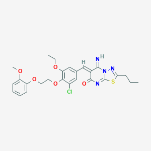 molecular formula C26H27ClN4O5S B295805 6-{3-chloro-5-ethoxy-4-[2-(2-methoxyphenoxy)ethoxy]benzylidene}-5-imino-2-propyl-5,6-dihydro-7H-[1,3,4]thiadiazolo[3,2-a]pyrimidin-7-one 