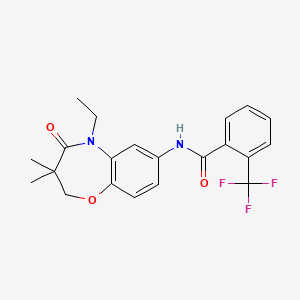 molecular formula C21H21F3N2O3 B2958098 N-(5-ethyl-3,3-dimethyl-4-oxo-2,3,4,5-tetrahydro-1,5-benzoxazepin-7-yl)-2-(trifluoromethyl)benzamide CAS No. 921862-86-4