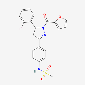molecular formula C21H18FN3O4S B2958138 N-[4-[3-(2-fluorophenyl)-2-(furan-2-carbonyl)-3,4-dihydropyrazol-5-yl]phenyl]methanesulfonamide 
