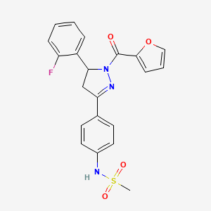 molecular formula C21H18FN3O4S B2958138 N-[4-[3-(2-fluorophenyl)-2-(furan-2-carbonyl)-3,4-dihydropyrazol-5-yl]phenyl]methanesulfonamide CAS No. 851717-96-9
