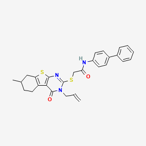 molecular formula C28H27N3O2S2 B2958313 N-{[1,1'-biphenyl]-4-yl}-2-{[11-methyl-3-oxo-4-(prop-2-en-1-yl)-8-thia-4,6-diazatricyclo[7.4.0.0^{2,7}]trideca-1(9),2(7),5-trien-5-yl]sulfanyl}acetamide CAS No. 670269-92-8