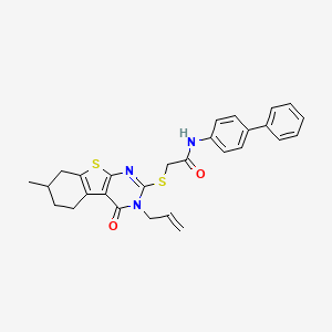 molecular formula C28H27N3O2S2 B2958313 2-[(7-methyl-4-oxo-3-prop-2-enyl-5,6,7,8-tetrahydro-[1]benzothiolo[2,3-d]pyrimidin-2-yl)sulfanyl]-N-(4-phenylphenyl)acetamide CAS No. 670269-92-8