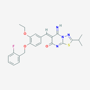 molecular formula C24H23FN4O3S B295834 (6Z)-6-({3-ETHOXY-4-[(2-FLUOROPHENYL)METHOXY]PHENYL}METHYLIDENE)-5-IMINO-2-(PROPAN-2-YL)-5H,6H,7H-[1,3,4]THIADIAZOLO[3,2-A]PYRIMIDIN-7-ONE 