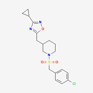 molecular formula C18H22ClN3O3S B2958392 5-((1-((4-Chlorobenzyl)sulfonyl)piperidin-3-yl)methyl)-3-cyclopropyl-1,2,4-oxadiazole CAS No. 1705214-66-9