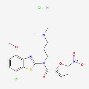 molecular formula C18H20Cl2N4O5S B2958461 N-(7-CHLORO-4-METHOXY-1,3-BENZOTHIAZOL-2-YL)-N-[3-(DIMETHYLAMINO)PROPYL]-5-NITROFURAN-2-CARBOXAMIDE HYDROCHLORIDE CAS No. 1216842-66-8