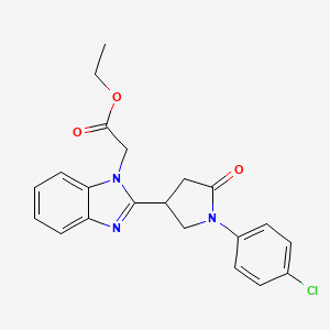 molecular formula C21H20ClN3O3 B2958466 ethyl 2-{2-[1-(4-chlorophenyl)-5-oxopyrrolidin-3-yl]-1H-1,3-benzodiazol-1-yl}acetate CAS No. 890643-49-9