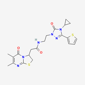 molecular formula C21H24N6O3S2 B2958467 N-{2-[4-cyclopropyl-5-oxo-3-(thiophen-2-yl)-4,5-dihydro-1H-1,2,4-triazol-1-yl]ethyl}-2-{6,7-dimethyl-5-oxo-2H,3H,5H-[1,3]thiazolo[3,2-a]pyrimidin-3-yl}acetamide CAS No. 1448035-45-7
