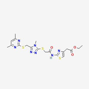 molecular formula C19H23N7O3S3 B2958695 ethyl 2-(2-{2-[(5-{[(4,6-dimethylpyrimidin-2-yl)sulfanyl]methyl}-4-methyl-4H-1,2,4-triazol-3-yl)sulfanyl]acetamido}-1,3-thiazol-4-yl)acetate CAS No. 637321-38-1