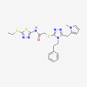 molecular formula C22H25N7OS3 B2958747 N-[5-(ethylsulfanyl)-1,3,4-thiadiazol-2-yl]-2-({5-[(1-methyl-1H-pyrrol-2-yl)methyl]-4-(2-phenylethyl)-4H-1,2,4-triazol-3-yl}sulfanyl)acetamide CAS No. 847390-95-8