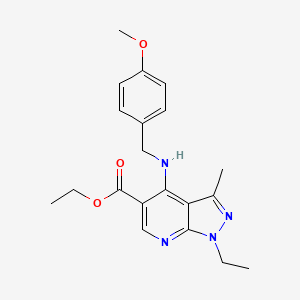molecular formula C20H24N4O3 B2958790 ethyl 1-ethyl-4-[(4-methoxybenzyl)amino]-3-methyl-1H-pyrazolo[3,4-b]pyridine-5-carboxylate CAS No. 860785-52-0