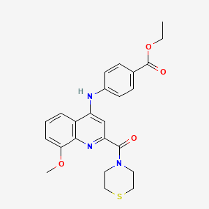 molecular formula C24H25N3O4S B2958823 Ethyl 4-{[8-methoxy-2-(thiomorpholine-4-carbonyl)quinolin-4-yl]amino}benzoate CAS No. 1251565-42-0