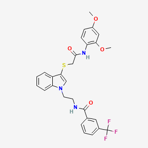 molecular formula C28H26F3N3O4S B2959011 N-(2-(3-((2-((2,4-dimethoxyphenyl)amino)-2-oxoethyl)thio)-1H-indol-1-yl)ethyl)-3-(trifluoromethyl)benzamide CAS No. 497073-03-7