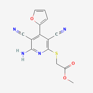 molecular formula C14H10N4O3S B2959019 METHYL 2-{[6-AMINO-3,5-DICYANO-4-(FURAN-2-YL)PYRIDIN-2-YL]SULFANYL}ACETATE CAS No. 189278-35-1
