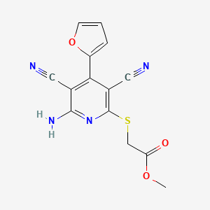 molecular formula C14H10N4O3S B2959019 Methyl {[6-amino-3,5-dicyano-4-(furan-2-yl)pyridin-2-yl]sulfanyl}acetate CAS No. 189278-35-1
