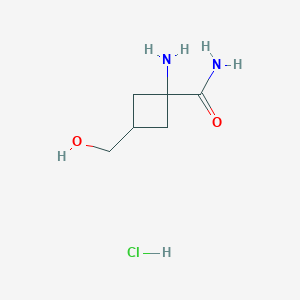 molecular formula C6H13ClN2O2 B2959525 1-Amino-3-(hydroxymethyl)cyclobutane-1-carboxamide hydrochloride CAS No. 2172214-96-7