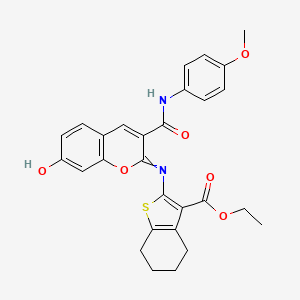 molecular formula C28H26N2O6S B2959605 ethyl 2-[(7-hydroxy-3-{[(4-methoxyphenyl)amino]carbonyl}-2H-chromen-2-ylidene)amino]-4,5,6,7-tetrahydro-1-benzothiophene-3-carboxylate CAS No. 330663-43-9