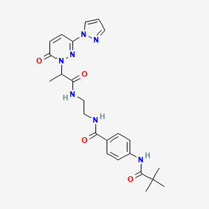 molecular formula C24H29N7O4 B2959628 N-(2-(2-(6-oxo-3-(1H-pyrazol-1-yl)pyridazin-1(6H)-yl)propanamido)ethyl)-4-pivalamidobenzamide CAS No. 1351631-65-6