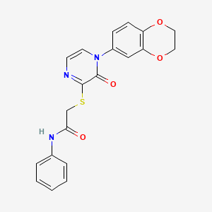 molecular formula C20H17N3O4S B2959654 2-((4-(2,3-dihydrobenzo[b][1,4]dioxin-6-yl)-3-oxo-3,4-dihydropyrazin-2-yl)thio)-N-phenylacetamide CAS No. 899743-77-2