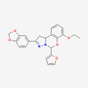 molecular formula C23H20N2O5 B2959720 2-(benzo[d][1,3]dioxol-5-yl)-7-ethoxy-5-(furan-2-yl)-5,10b-dihydro-1H-benzo[e]pyrazolo[1,5-c][1,3]oxazine CAS No. 899746-68-0